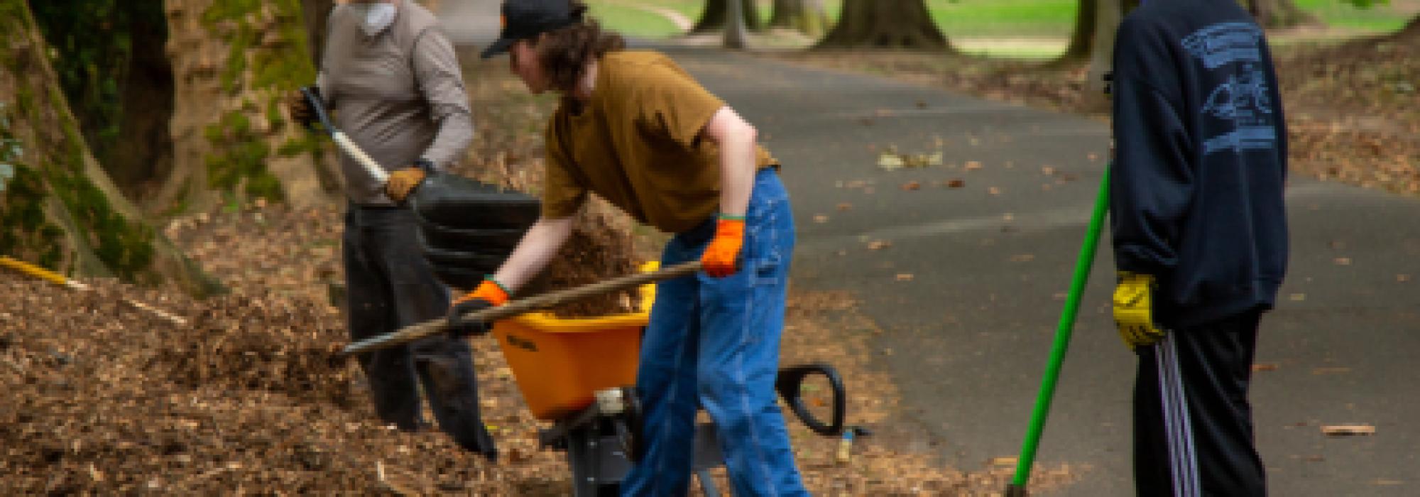 three people work in a park